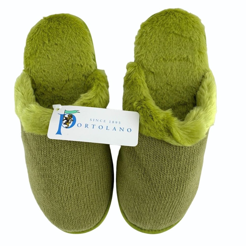 Portolano Olive Wool Blend & Faux Fur Womens Travel Slippers Size Large 9 New